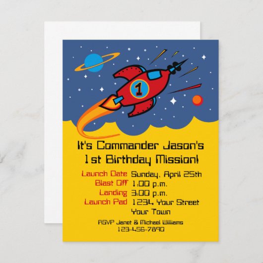 Rocket Ship 1st Birthday Custom Invitations Kaart (Voorkant / Achterkant)