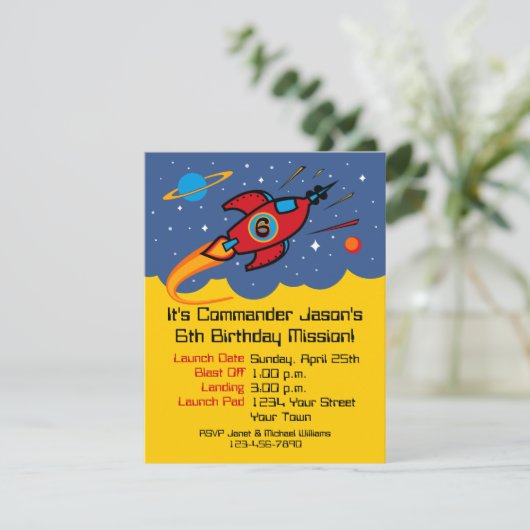 Rocket Ship 6th Birthday Custom Invitations Kaart (Staand voorkant)