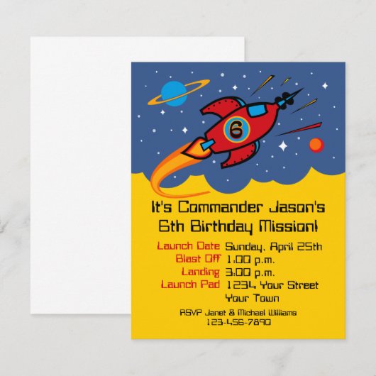 Rocket Ship 6th Birthday Custom Invitations Kaart (Voorkant / Achterkant)