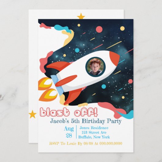 Rocket Ship Add Photo Birthday Party (Voorkant / Achterkant)
