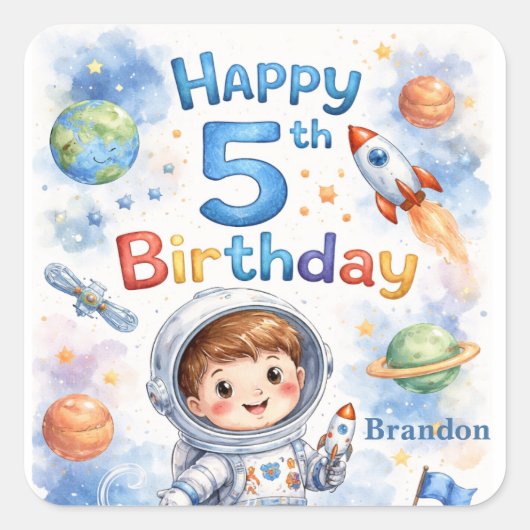 Rocket ship birthday Space Planets Boy Stars Vierkante Sticker (Voorkant)