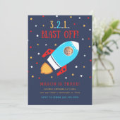 Rocket Ship Buitenspatie Foto op zaterdag Uitnodig Kaart (Staand voorkant)