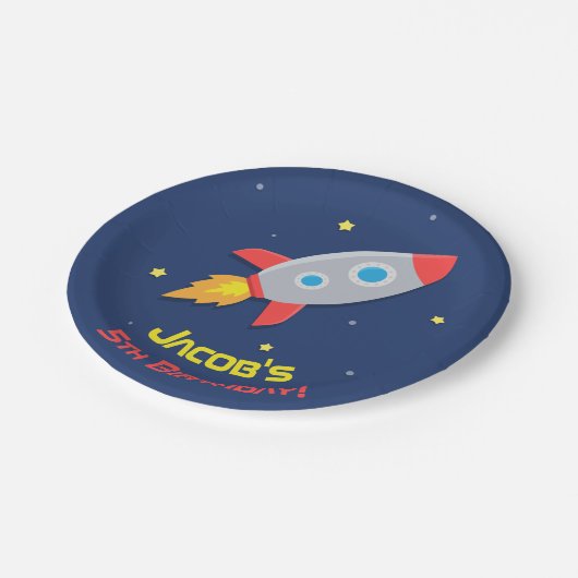 Rocket Ship in Buitenspatie Birthday Party Supplie Papieren Bordje (Gekanteld)