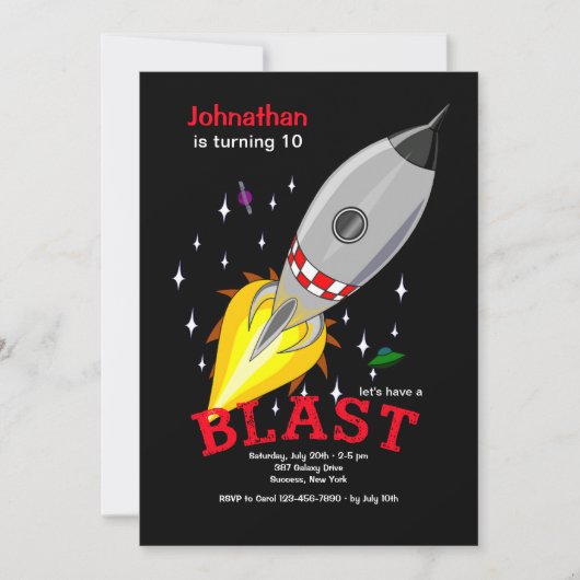 Rocket Ship in Space Invitation Kaart (Voorkant)