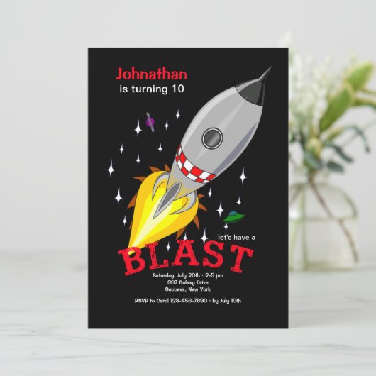 Rocket Ship in Space Invitation Kaart (Staand voorkant)