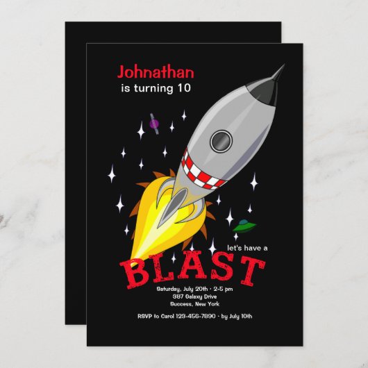 Rocket Ship in Space Invitation Kaart (Voorkant / Achterkant)