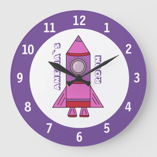 Rocket Ship Paarse Space Wall-klok met naam Grote Klok (Voorkant)