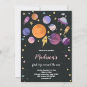 Rocket Ship & Planets verjaardagsuitnodiging Kaart (Voorkant)