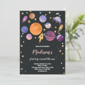 Rocket Ship & Planets verjaardagsuitnodiging Kaart (Staand voorkant)