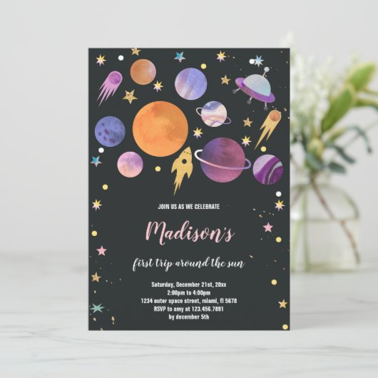 Rocket Ship & Planets verjaardagsuitnodiging Kaart (Staand voorkant)