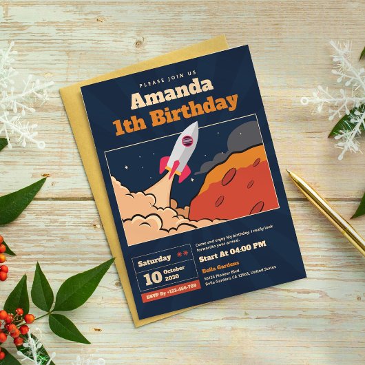 Rocket Ship Space Adventure Verjaardagsuitnodiging Kaart