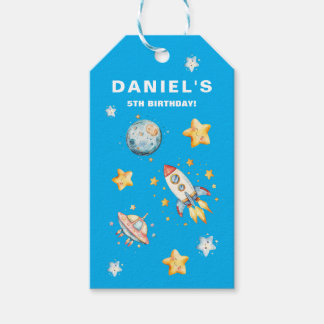 Rocket Ship Space-thema aangepaste verjaardagsfees Cadeaulabel