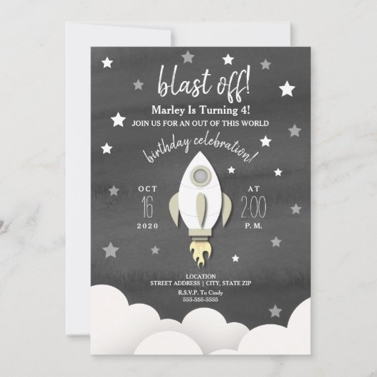 Rocket Ship + Stars Neutral Birthday Party Kaart (Voorkant)