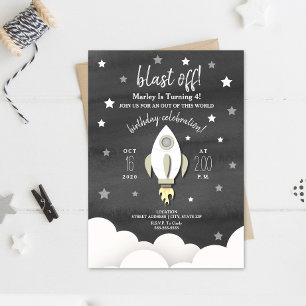 Rocket Ship + Stars Neutral Birthday Party Kaart
