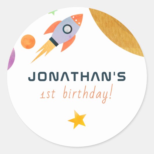 Rocket Ship Trip Around The Sun Space Boy Birthday Ronde Sticker (Voorkant)