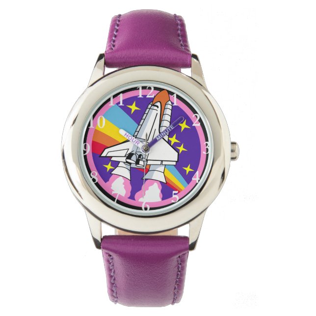 Rocket Shuttle Space Paarse Meisje Horloge (Voorkant)