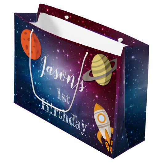 Rocket Space Galaxy 1e verjaardagsfeestje Groot Cadeauzakje (Voorkant Gekanteld)