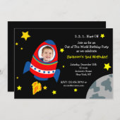 Rocket Space Ship Foto Birthday Party Invitations Kaart (Voorkant / Achterkant)