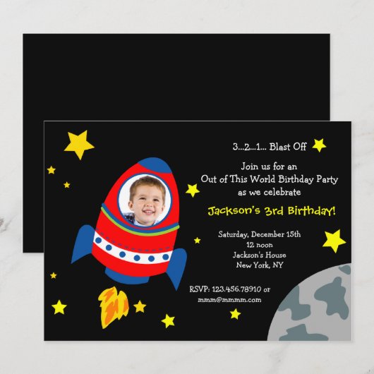 Rocket Space Ship Foto Birthday Party Invitations Kaart (Voorkant / Achterkant)