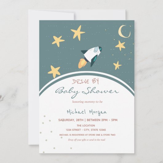 Rocket Space Stars drive by Baby shower Invitation Kaart (Voorkant)