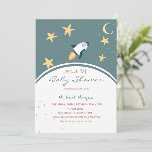 Rocket Space Stars drive by Baby shower Invitation Kaart (Staand voorkant)