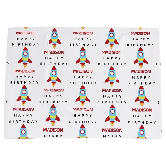 Rocket Spaceship Lancering Custom Name Birthday Groot Cadeauzakje (Voorkant)