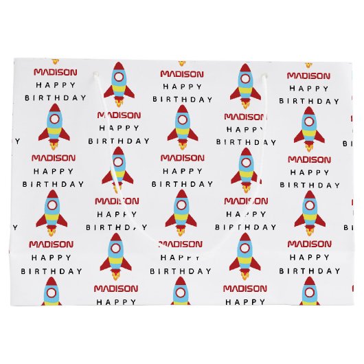 Rocket Spaceship Lancering Custom Name Birthday Groot Cadeauzakje (Achterkant)