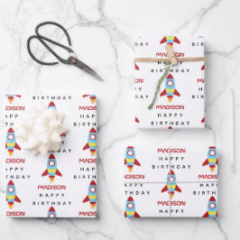 Rocket Spaceship Lancering Custom Name Birthday Inpakpapier Vel