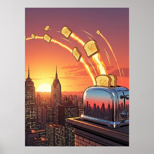 Rocket Toast Skyline – Retro Surreal Pop Art Poster (Voorkant)
