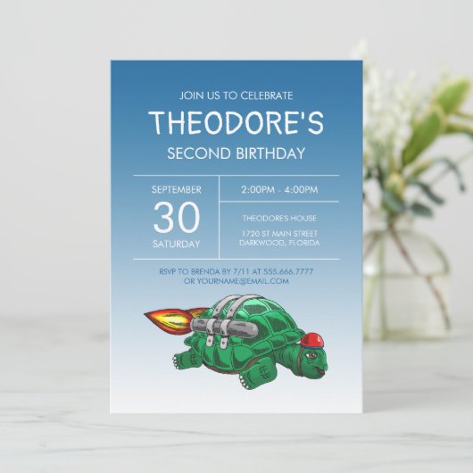 Rocket Turtle Verjaardag uitnodiging (Staand voorkant)
