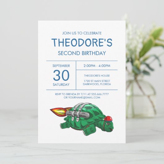Rocket Turtle Verjaardag uitnodiging (Staand voorkant)