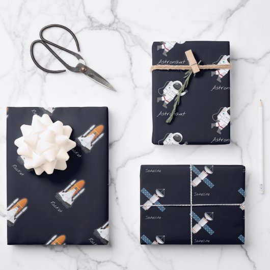 Rockets Solar System Astronaut Satelliet 3 stuk Inpakpapier Vel (Voorkant)