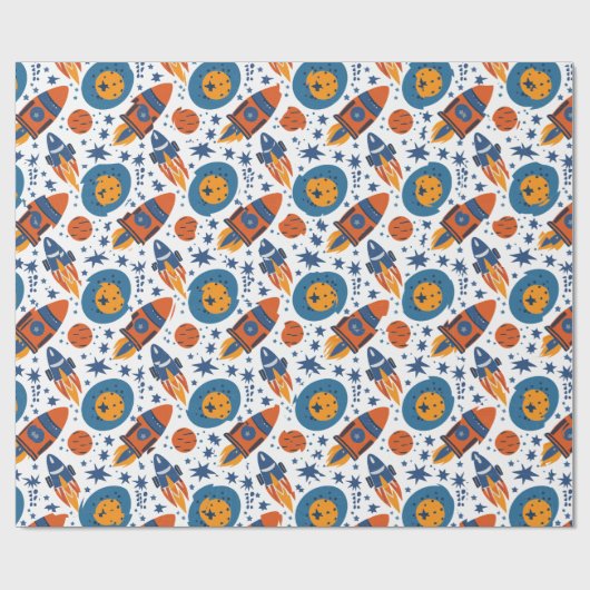 Rockets Stars and Planets Sinaasappel and Blue Cadeaupapier (Vlak)