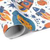 Rockets Stars and Planets Sinaasappel and Blue Cadeaupapier (Rol Hoek)