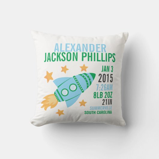 Rocketship Birth Announcement Nursery Pillow Kussen (Voorkant)