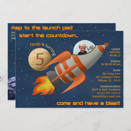 Rocketship Birthday Invitation Kaart (Voorkant / Achterkant)