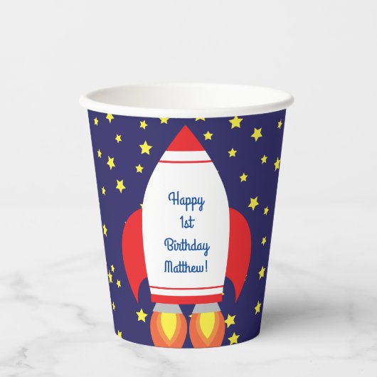 Rocketship Buitenspace Cute Kind Birthday Papieren Bekers (Voorkant)