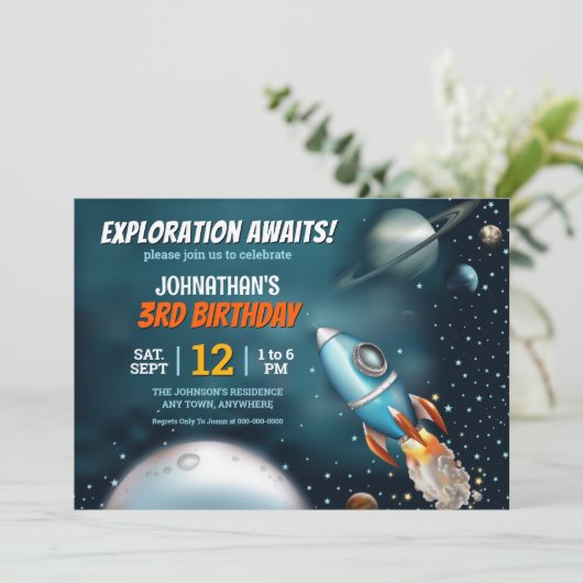 Rocketship Space Adventure Jongen Verjaardag Kaart (Staand voorkant)
