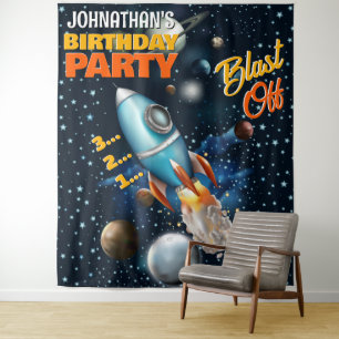 Rocketship Space Adventure Kids Verjaardag Achterg Wandkleed