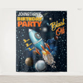 Rocketship Space Adventure Kids Verjaardag Achterg Wandkleed (Voorkant)