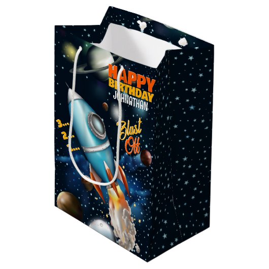 Rocketship Space Adventure Kids Verjaardag Medium Cadeauzakje (Voorkant Gekanteld)