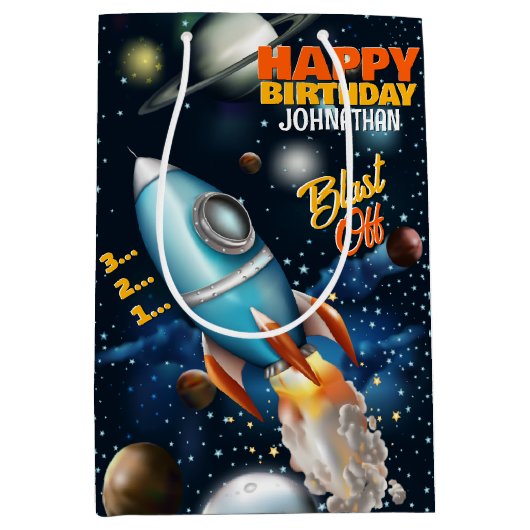 Rocketship Space Adventure Kids Verjaardag Medium Cadeauzakje (Voorkant)