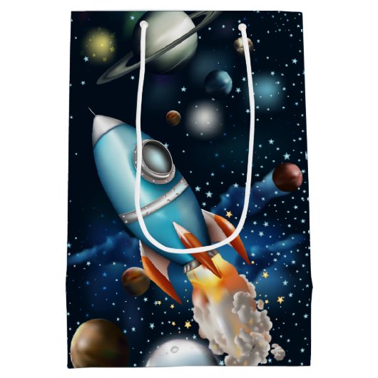 Rocketship Space Adventure Kids Verjaardag Medium Cadeauzakje (Achterkant)