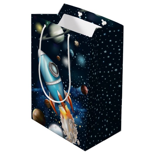 Rocketship Space Adventure Kids Verjaardag Medium Cadeauzakje (Achterkant Gekanteld)