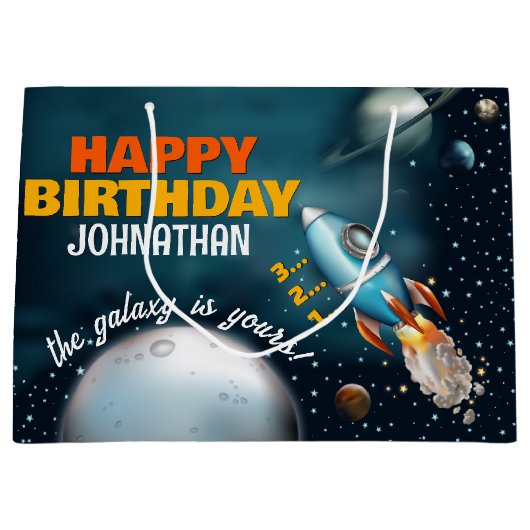 Rocketship Space Adventure Verjaardag Groot Cadeauzakje (Voorkant)