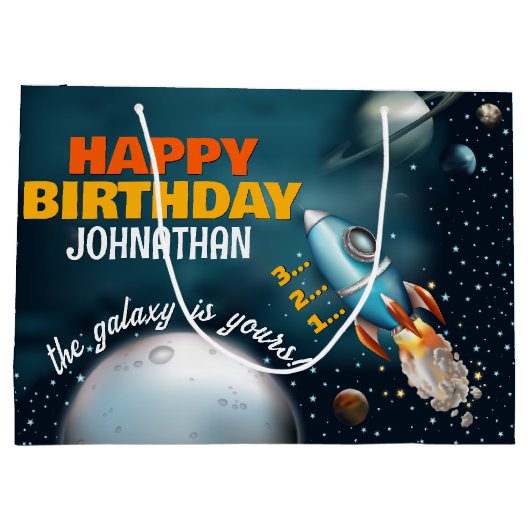 Rocketship Space Adventure Verjaardag Groot Cadeauzakje (Achterkant)