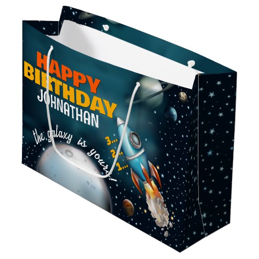 Rocketship Space Adventure Verjaardag Groot Cadeauzakje (Voorkant Gekanteld)