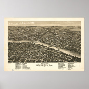 Rockford Illinois 1880 Antiek Panoramic Map Poster