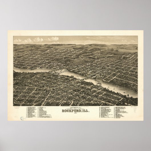 Rockford Illinois 1880 Antiek Panoramic Map Poster (Voorkant)