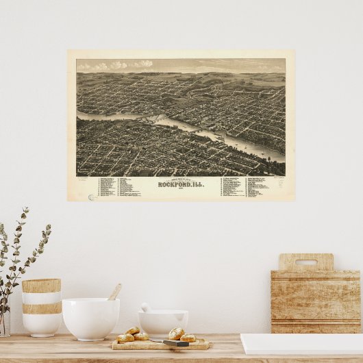 Rockford Illinois 1880 Antiek Panoramic Map Poster (Keuken)